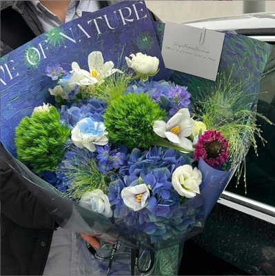 Καλή τιμή. New Qixi Festival flower bouquet wrapping paper, a popular blue series of paper, Valentine's Day oil-painted style flower wrapping paper σε απευθείας σύνδεση